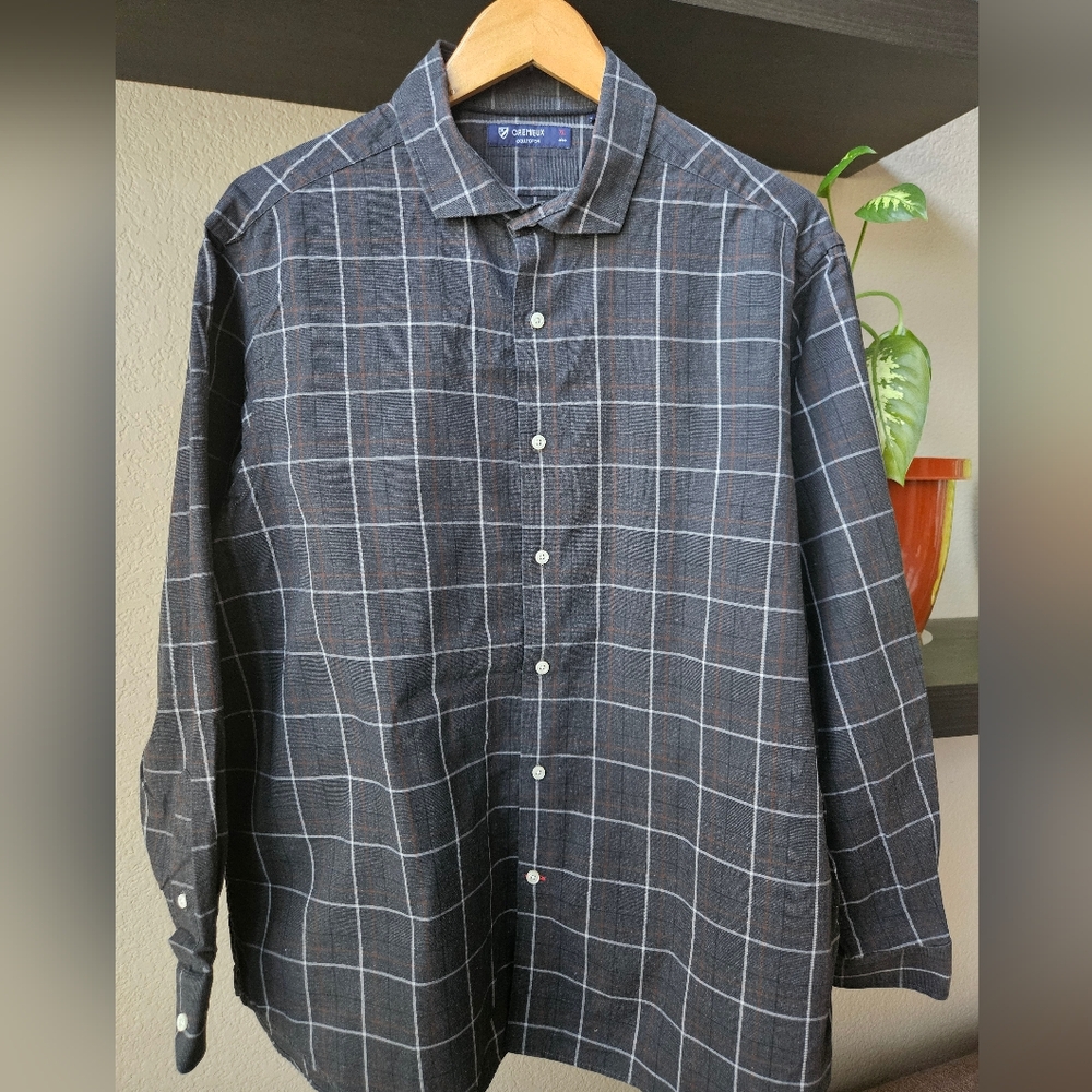 Daniel Cremiux mens button down XL black with orange and gray plaid